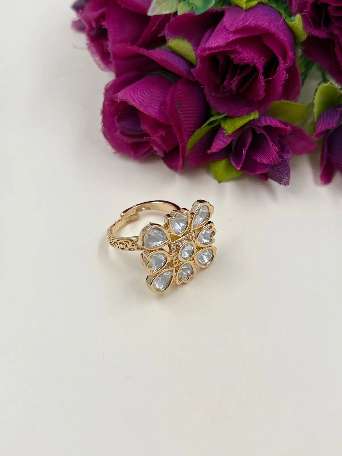 Rose Gold Finish Square Shape Adjustable Kundan Finger Ring For Women 