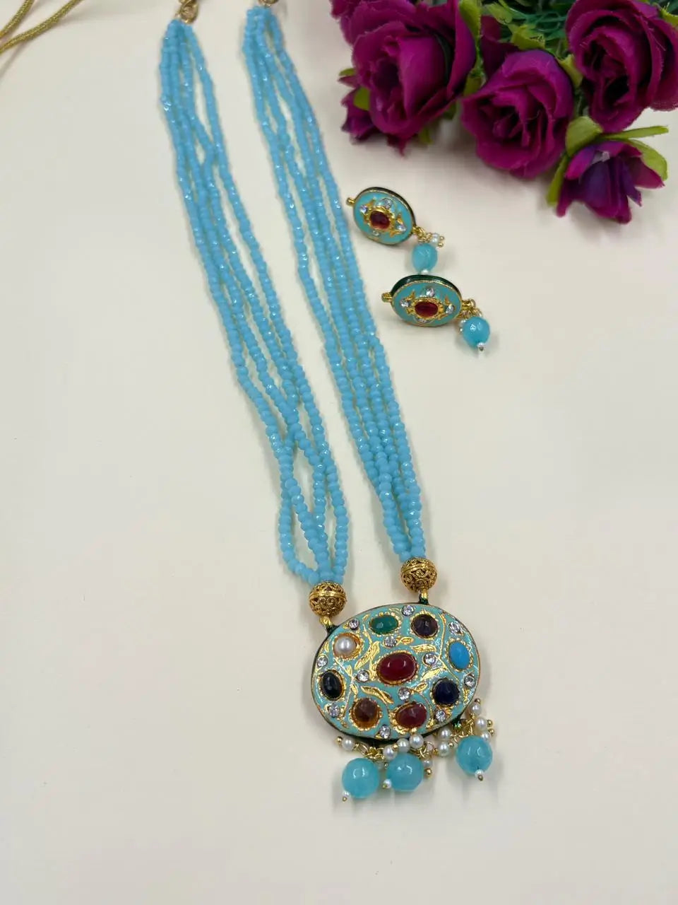 Traditional Gold Plated Multi Color Navratna Pendant Necklace Set With Layered Blue crystal Beads 