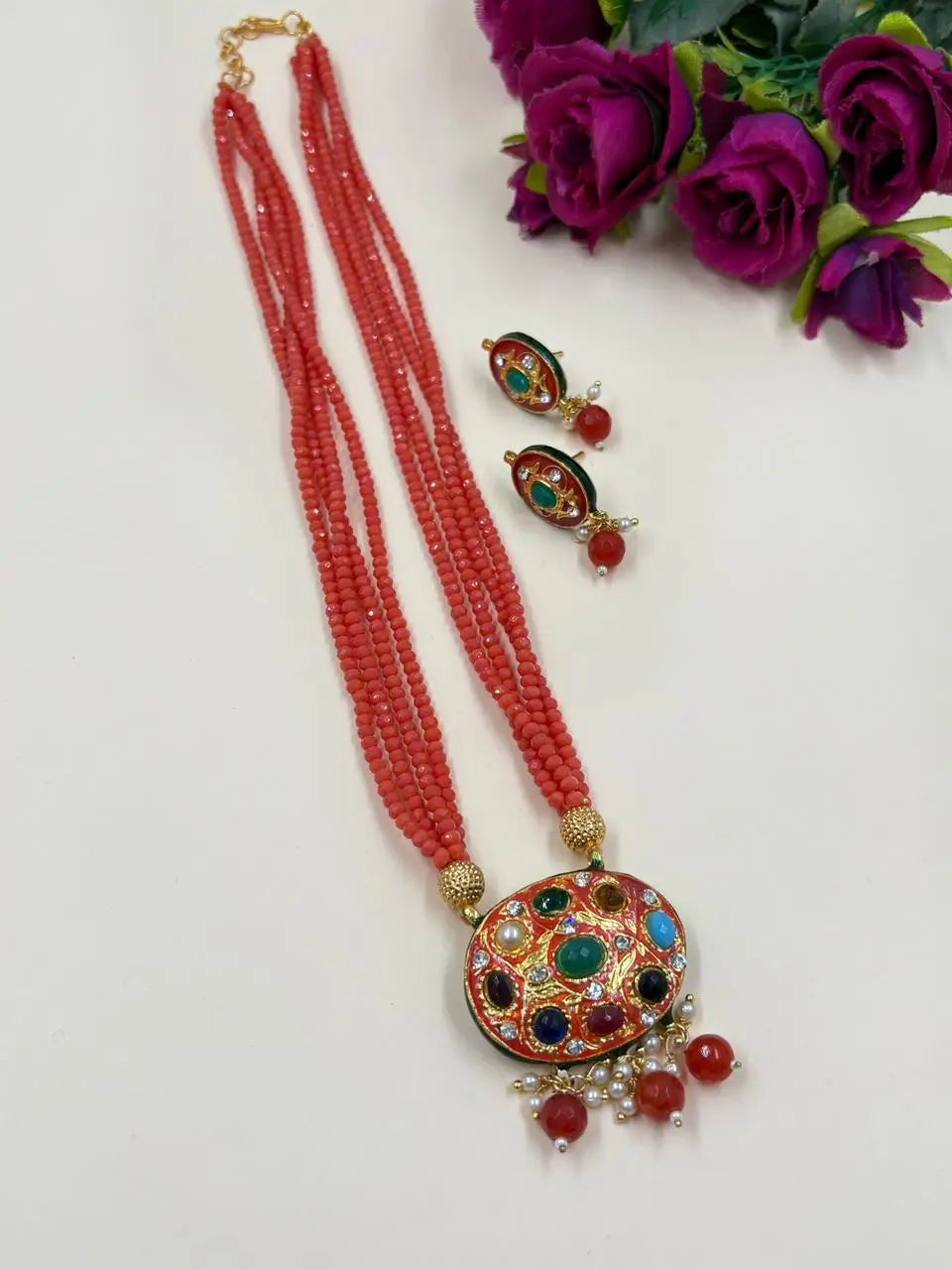 Traditional Gold Plated Multi Color Navratna Pendant Necklace Set With Layered Orange crystal Beads 
