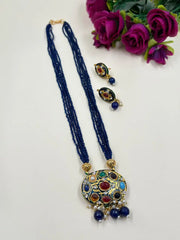Traditional Gold Plated Multi Color Navratna Pendant Necklace Set With Layered Navy Blue Hydro Beads 