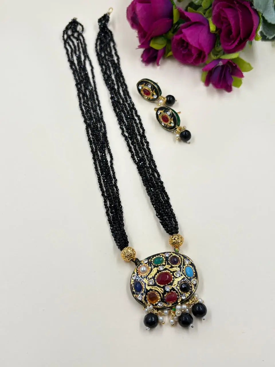 Traditional Gold Plated Multi Color Navratna Pendant Necklace Set With Layered Black Hydro eads 