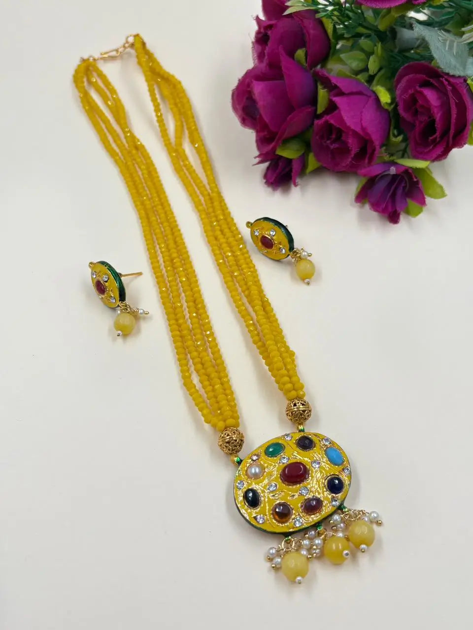 Traditional Gold Plated Multi Color Navratna Pendant Necklace Set With Layered Yellow Beads 