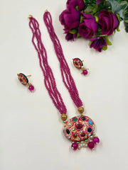 Traditional Gold Plated Multi Color Navratna Pendant Necklace Set With Layered Pink Beads 