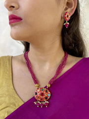 Traditional Gold Plated Multi Color Navratna Pendant Necklace Set With Layered Pink Hydro Beads 