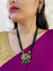 Traditional Gold Plated Multi Color Navratna Pendant Necklace Set With Layered  Green Hydro Beads 