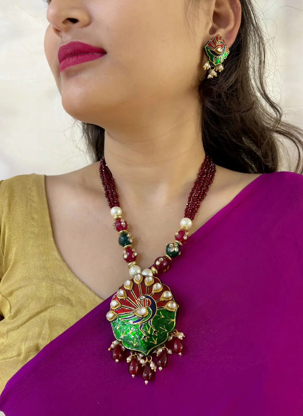 Traditional Peacock Design Necklace Set With red Meenakari 
