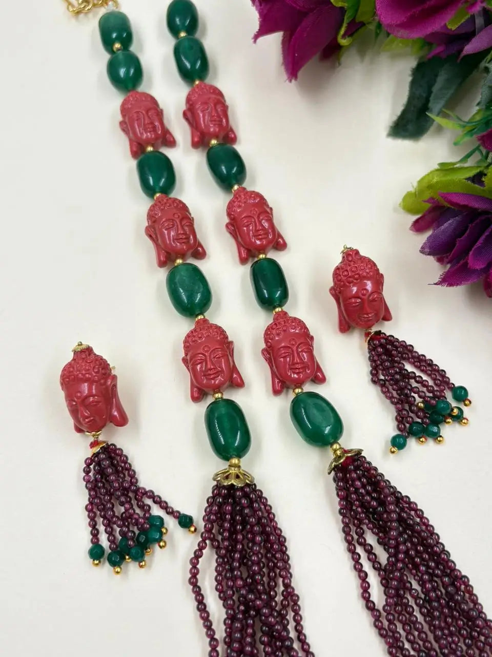 Handcrafted Real Garnet Beaded Necklace Set With Buddha  – Ethnic Gemstone Jewelry