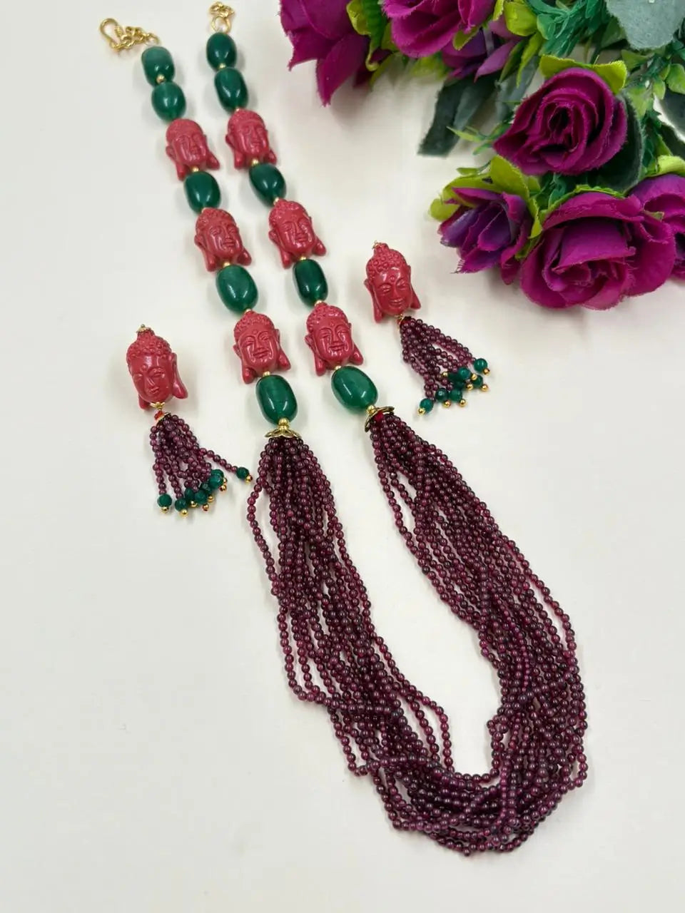Handcrafted Real Garnet Beaded Necklace Set With Buddha  – Ethnic Gemstone Jewelry