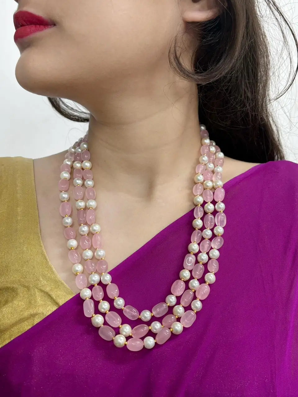 Elegant Three-Layered Baby Jade And Pearl Beaded Necklace – Handcrafted Gemstone Jewelry