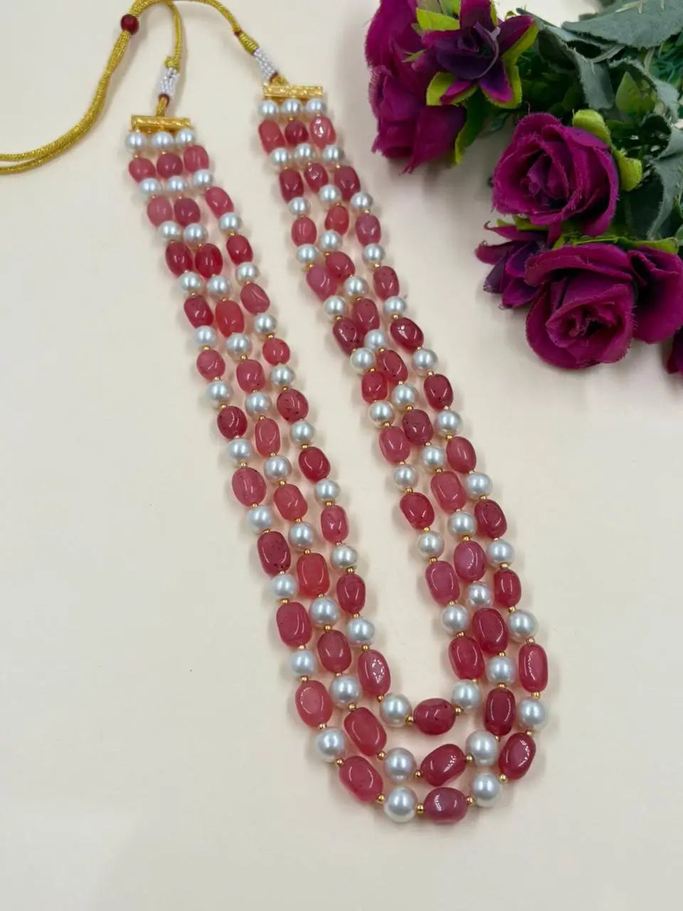 Elegant Three-Layered Peach Jade And Pearl Beaded Necklace – Handcrafted Gemstone Jewelry