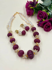 Handcrafted Semi-Precious Maroon Jade Stone Watermelon Shaped Beaded Necklace Set For Women