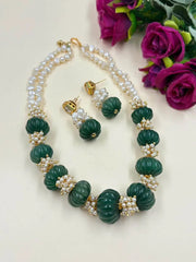 Handcrafted Semi-Precious Green Jade Stone Watermelon Shaped Beaded Necklace Set For Women