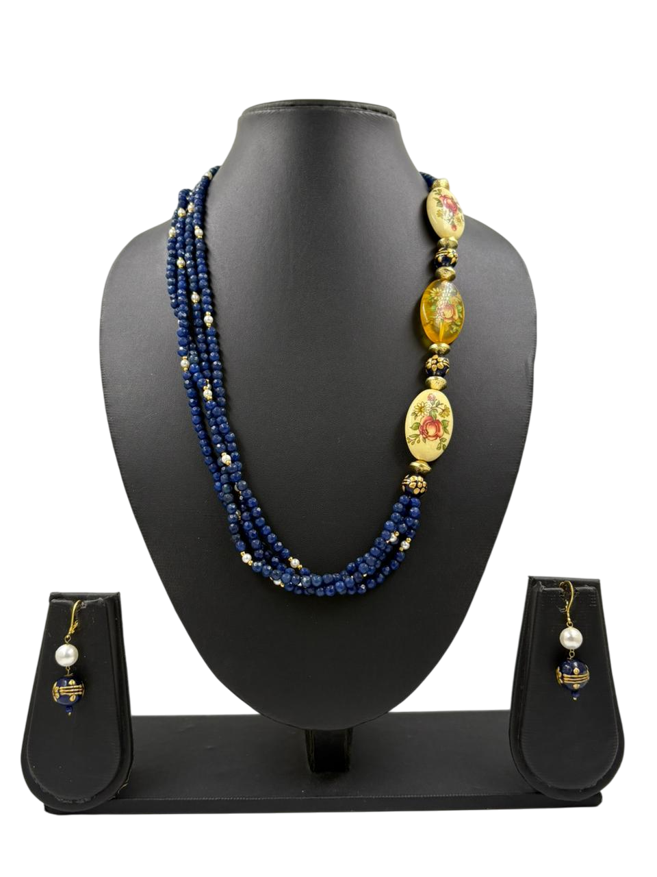 Handmade Blue Jade Beaded Necklace Set with Floral Motifs – Elegant Ethnic Jewellery