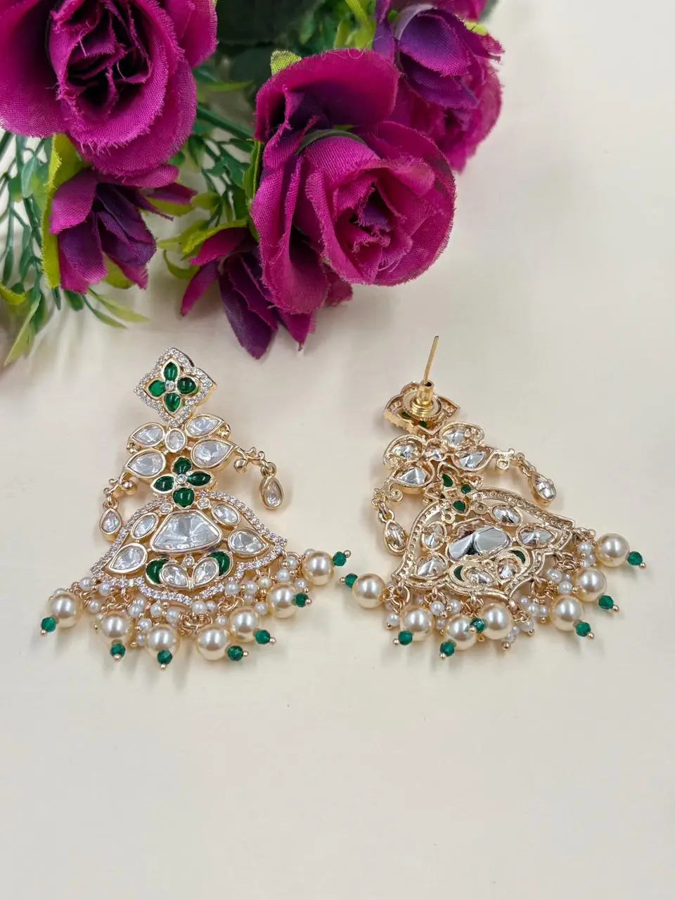Kundan & Pearl Chandbali Earrings with Stone Detailing – Bridal Earrings