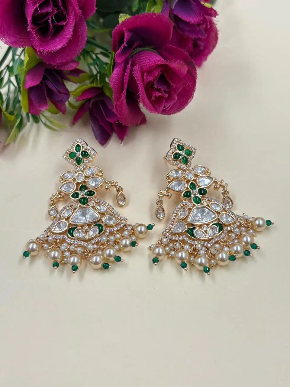 Kundan & Pearl Chandbali Earrings with Stone Detailing – Bridal Earrings