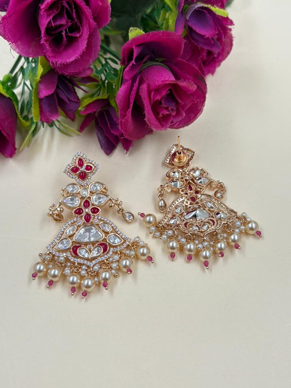 Kundan & Pearl Chandbali Earrings with Stone Detailing – Bridal Earrings