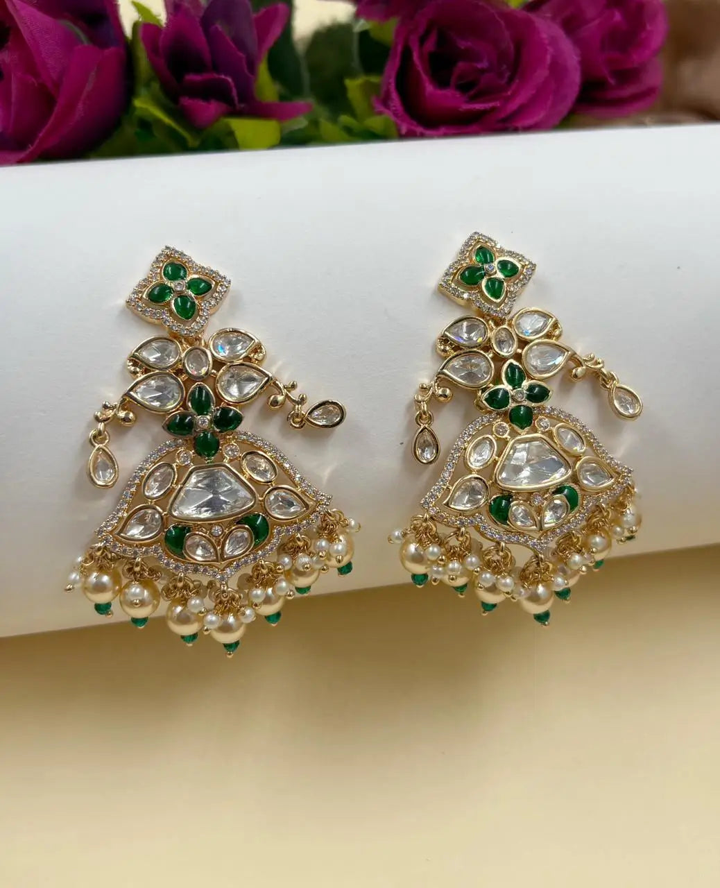 Kundan & Pearl Chandbali Earrings with Stone Detailing – Green Bridal Earrings