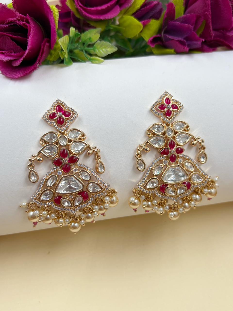 Kundan & Pearl Chandbali Earrings with Red Stone Detailing – Bridal Earrings