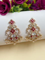 Kundan & Pearl Chandbali Earrings with Red Stone Detailing – Bridal Earrings