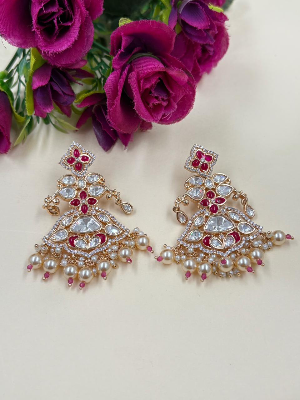 Kundan & Pearl Chandbali Earrings with Stone Detailing – Bridal Earrings