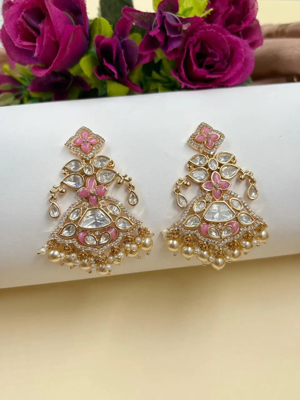 Kundan & Pearl Chandbali Earrings with Stone Detailing – Bridal Earrings