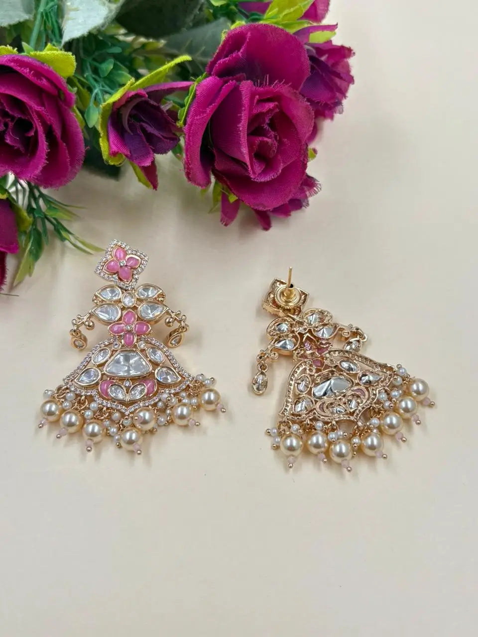 Kundan & Pearl Chandbali Earrings with Stone Detailing – Bridal Earrings