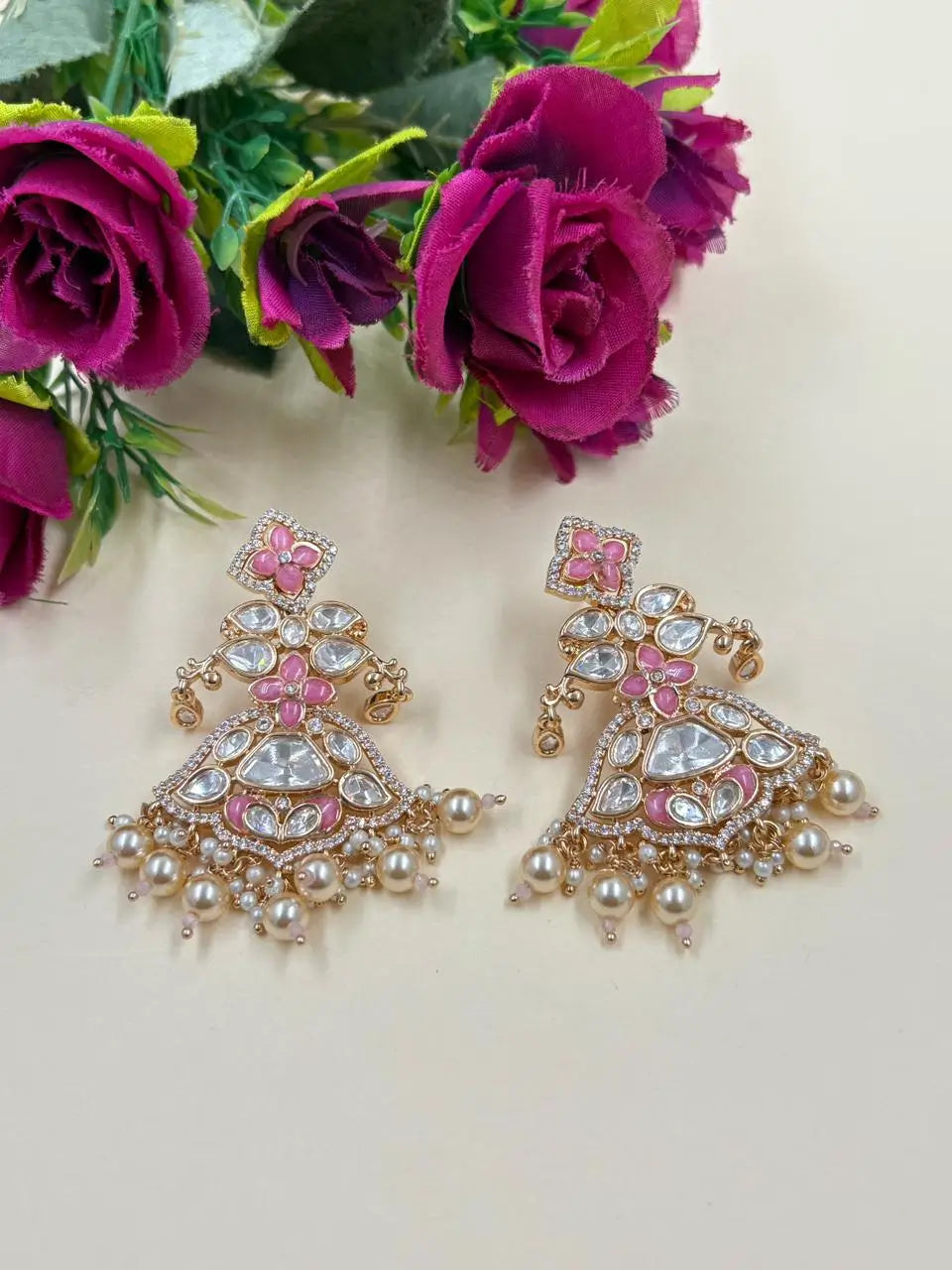 Kundan & Pearl Chandbali Earrings with Stone Detailing – Bridal Earrings