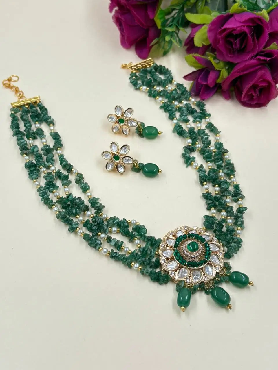 Handcrafted Green Beaded Jewellery Set With Kundan - Fetive And Wedding Wear Jewellery 