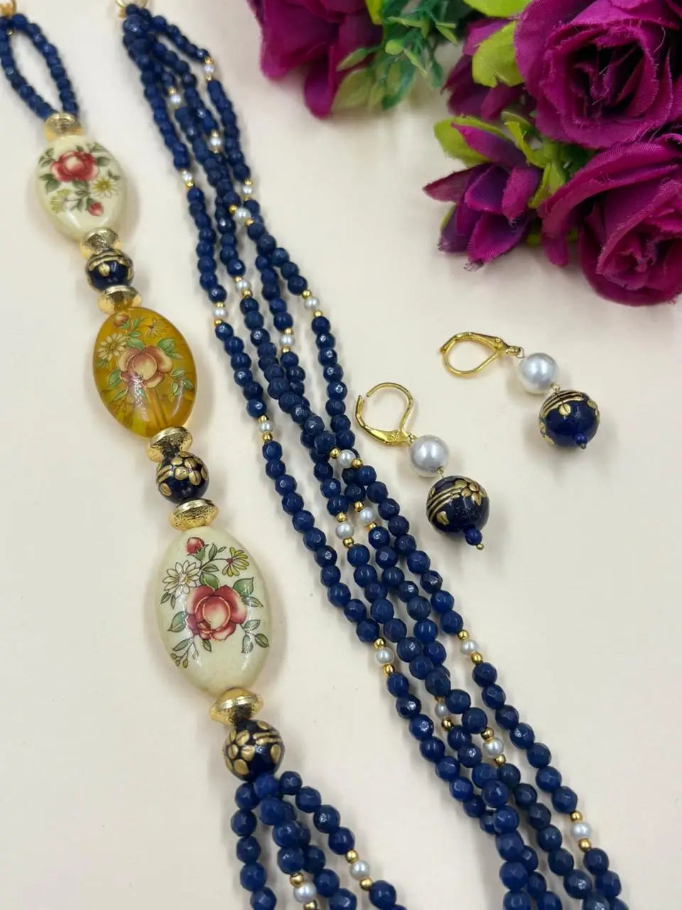 Handmade Blue Jade Beaded Necklace Set with Floral Motifs – Elegant Ethnic Jewellery