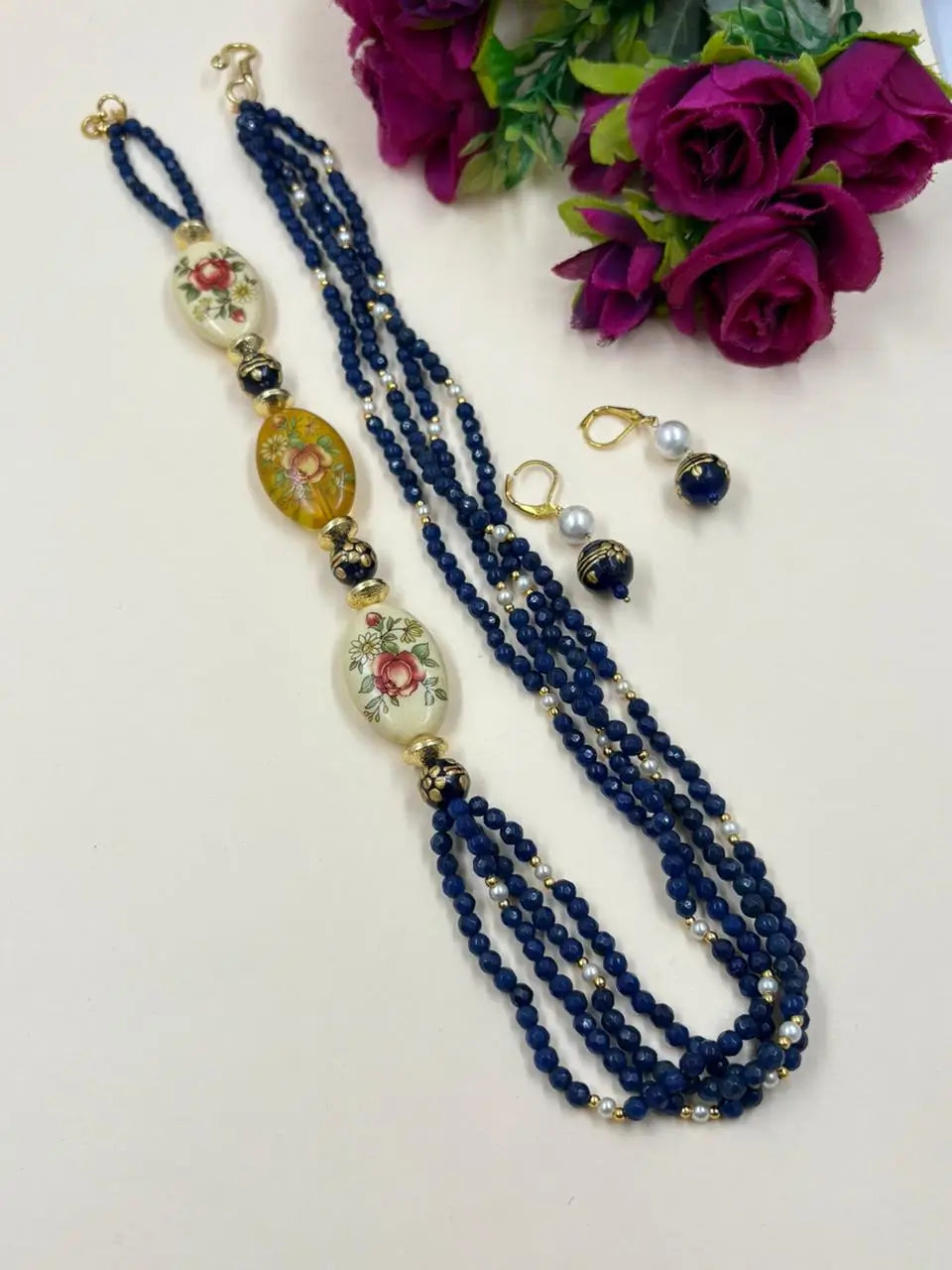 Handmade Blue Jade Beaded Necklace Set with Floral Motifs – Elegant Ethnic Jewellery