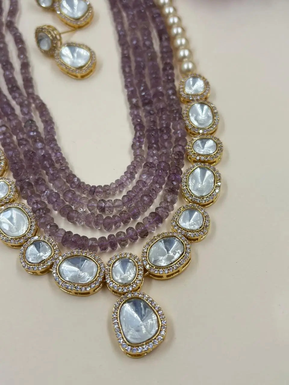 Layered Purple Amethyst Kundan Necklace Set - Partywear Jewellery