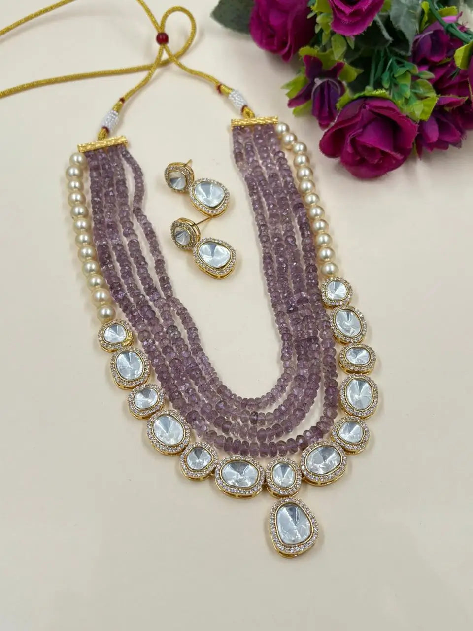 Layered Purple Amethyst Kundan Necklace Set - Partywear Jewellery