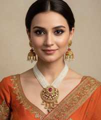 Traditional Designer Wedding Geru Polish Kundan Pendant With Pearls Necklace Set For Woman