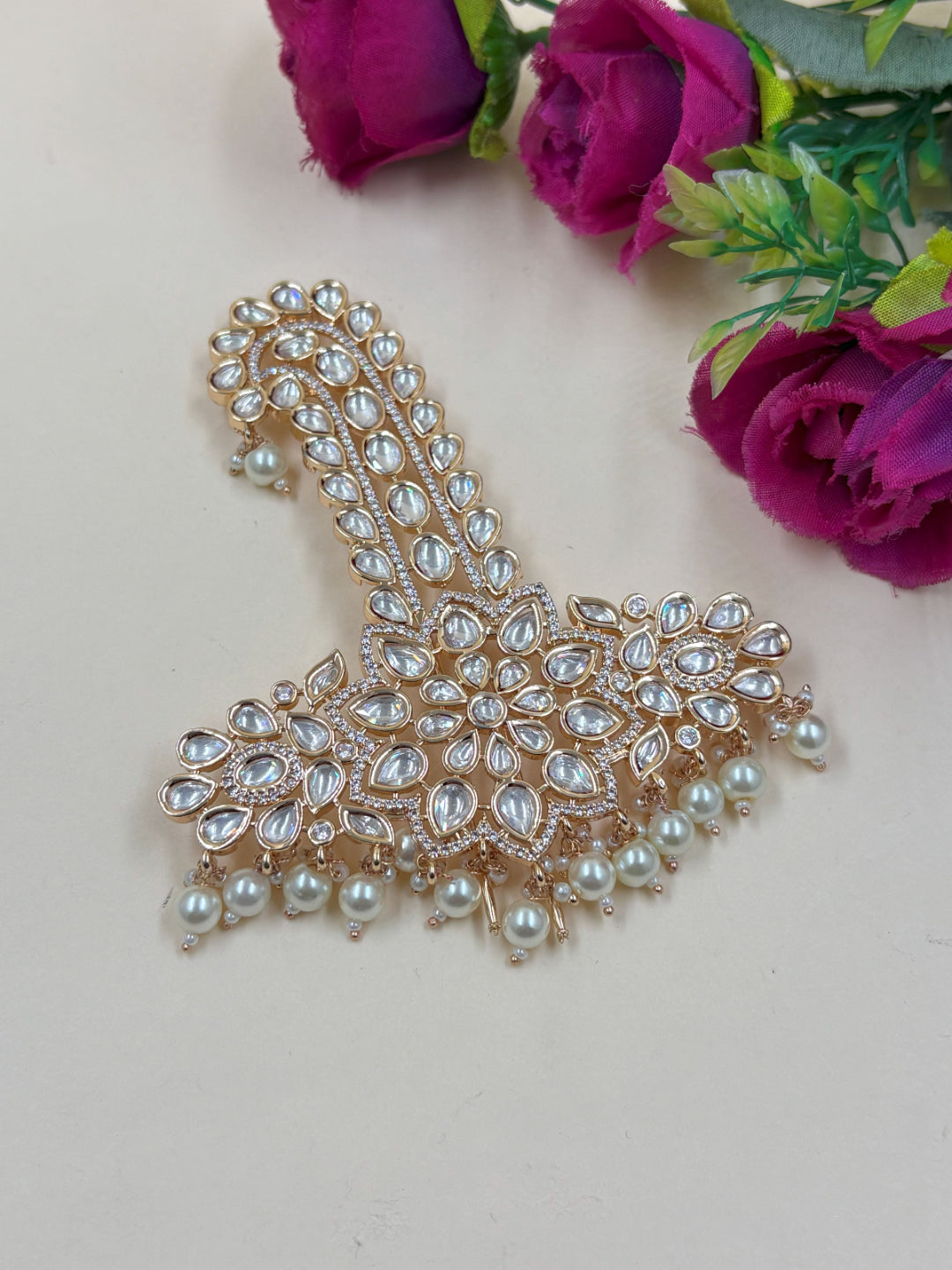 Royal Maharaja Kundan Safa Kalangi Brooch | Gold-Plated Turban Ornament For Grooms | Ethnic Wedding Pagdi Kalgi For Men 