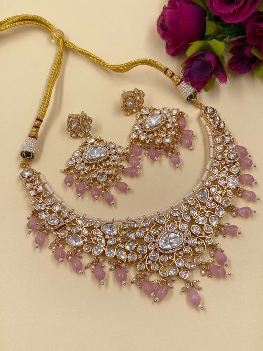 Modern Look Floral Design Polki Jewellery Necklace Set For Weddings