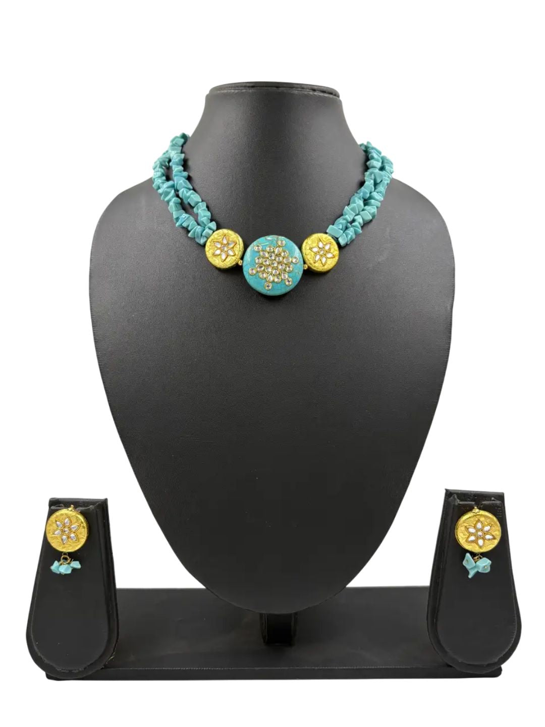 Statement Look Natural Turquoise Stone Beaded Choker Necklace Set - Blue Choker