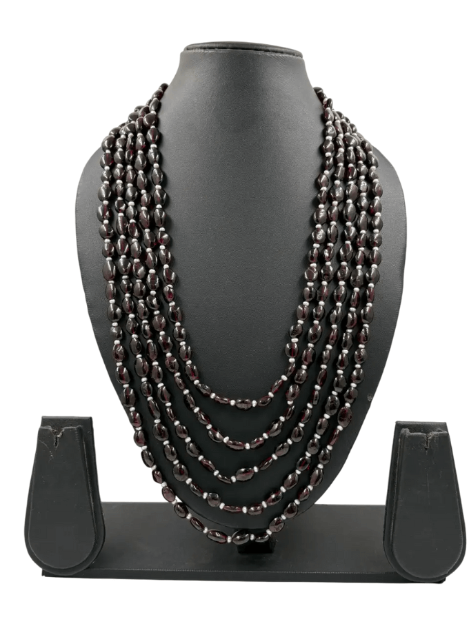 Multi Layered Semi Precious Long Garnet Beads Necklace - Unisex Gemstone Beaded Jewelry 