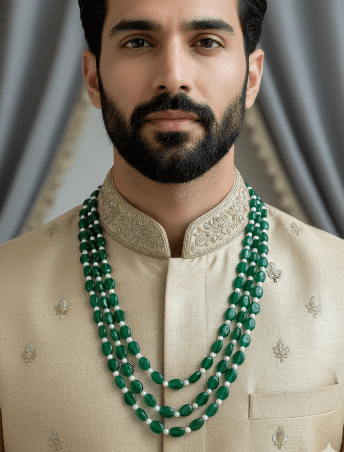 Original Pearls And Green Jade Beads Necklace - Unisex Wedding and Festive Wear Jewelry for Sherwani