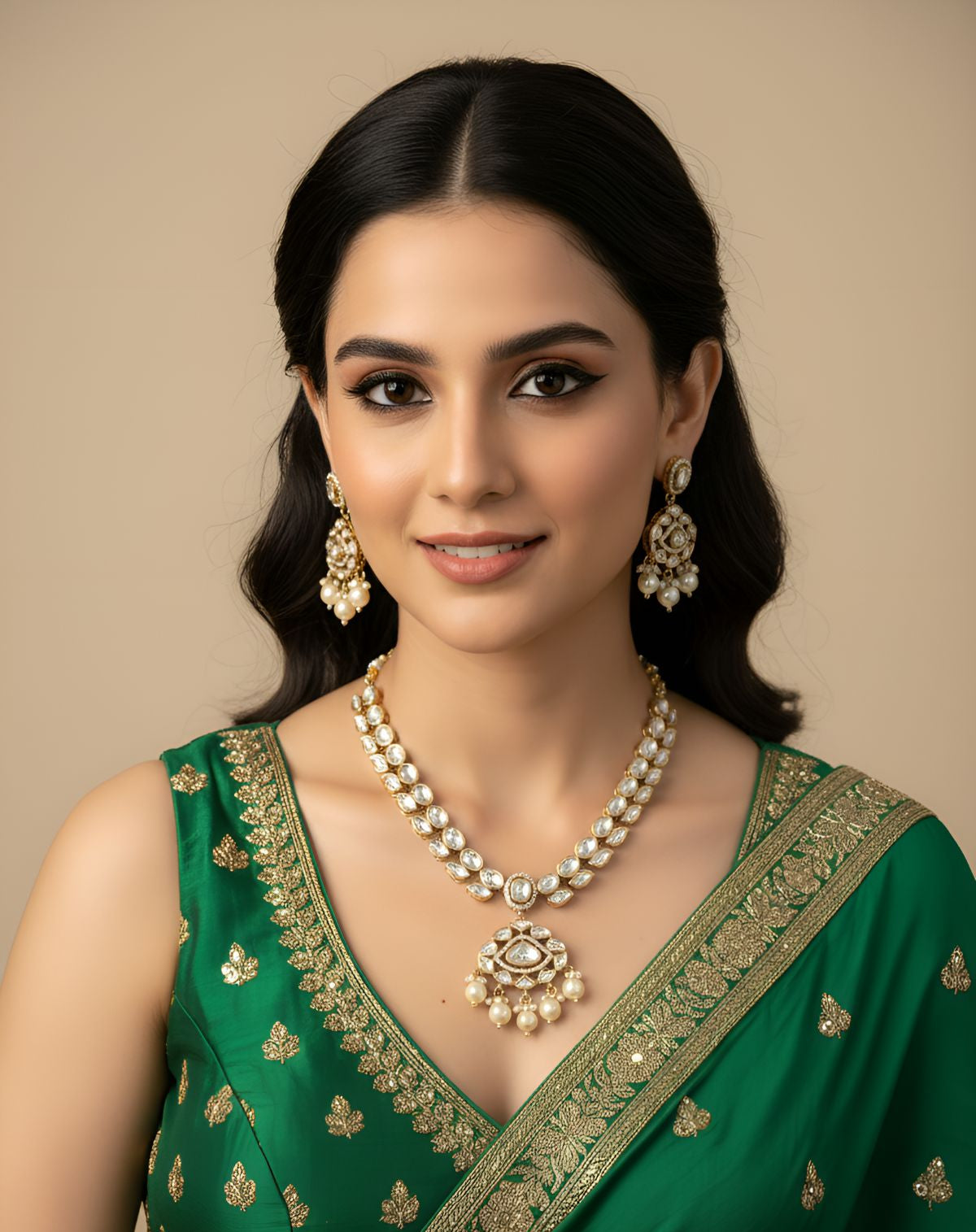 Rose Gold Finish Kundan Necklace Set - Wedding And Party Wear Kundan Jewelry