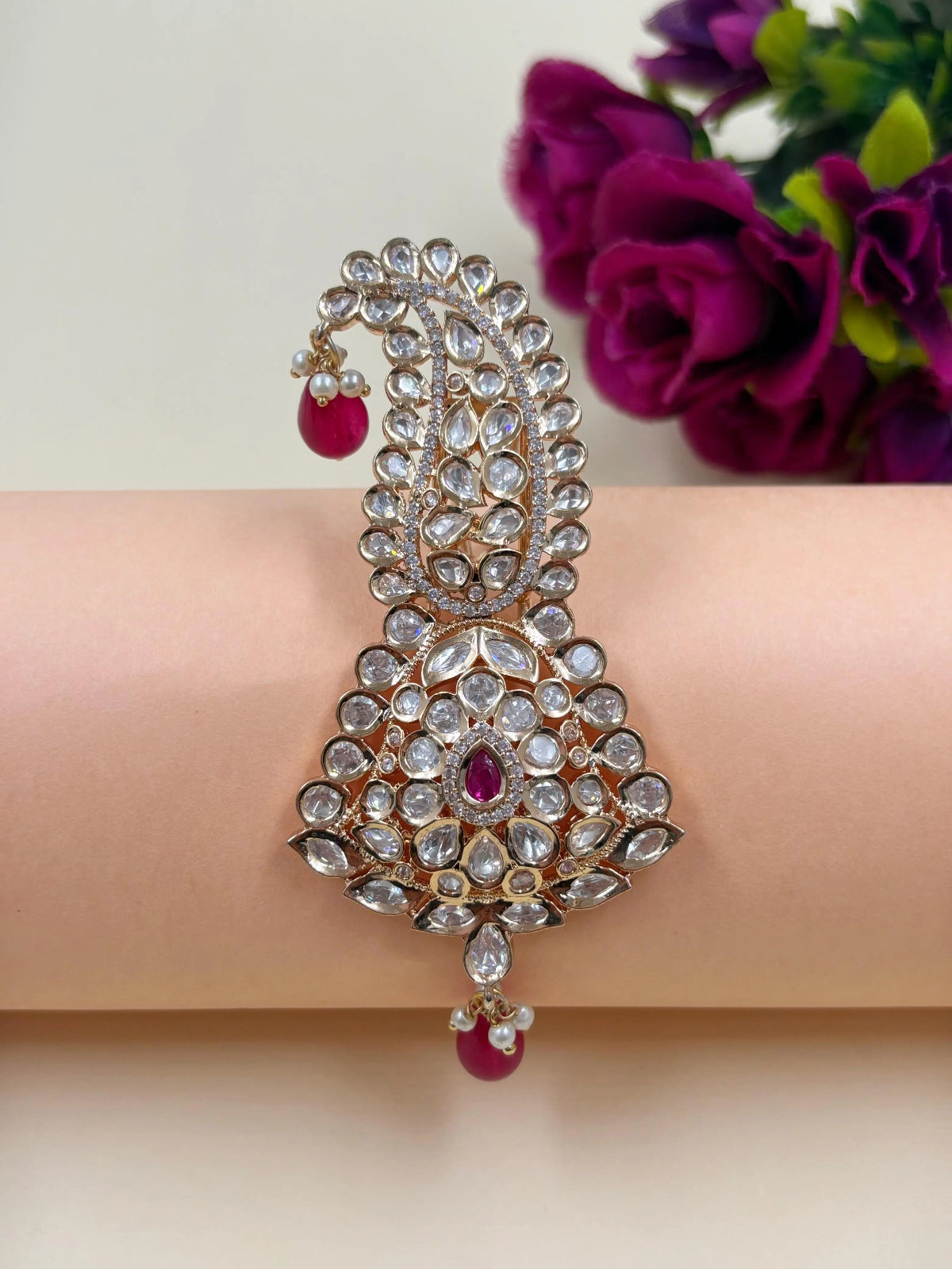 Ruby Pink Handcrafted Kundan Polki Kalangi for Groom | Elegant Wedding Safa