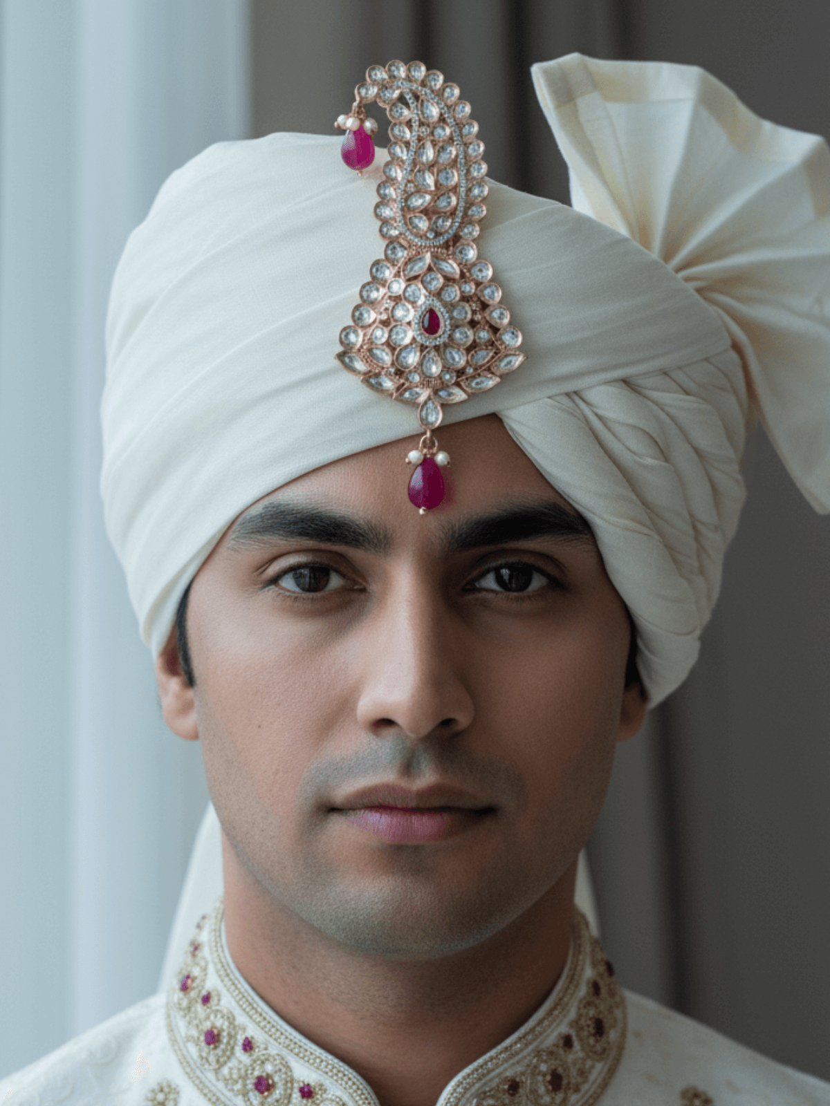 Ruby Pink Handcrafted Kundan Polki Kalangi for Groom | Elegant Wedding Safa Ornament