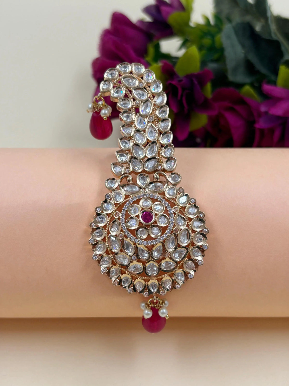 Ruby Pink Royal Kundan Polki Kalangi for Groom | Traditional Wedding Safa