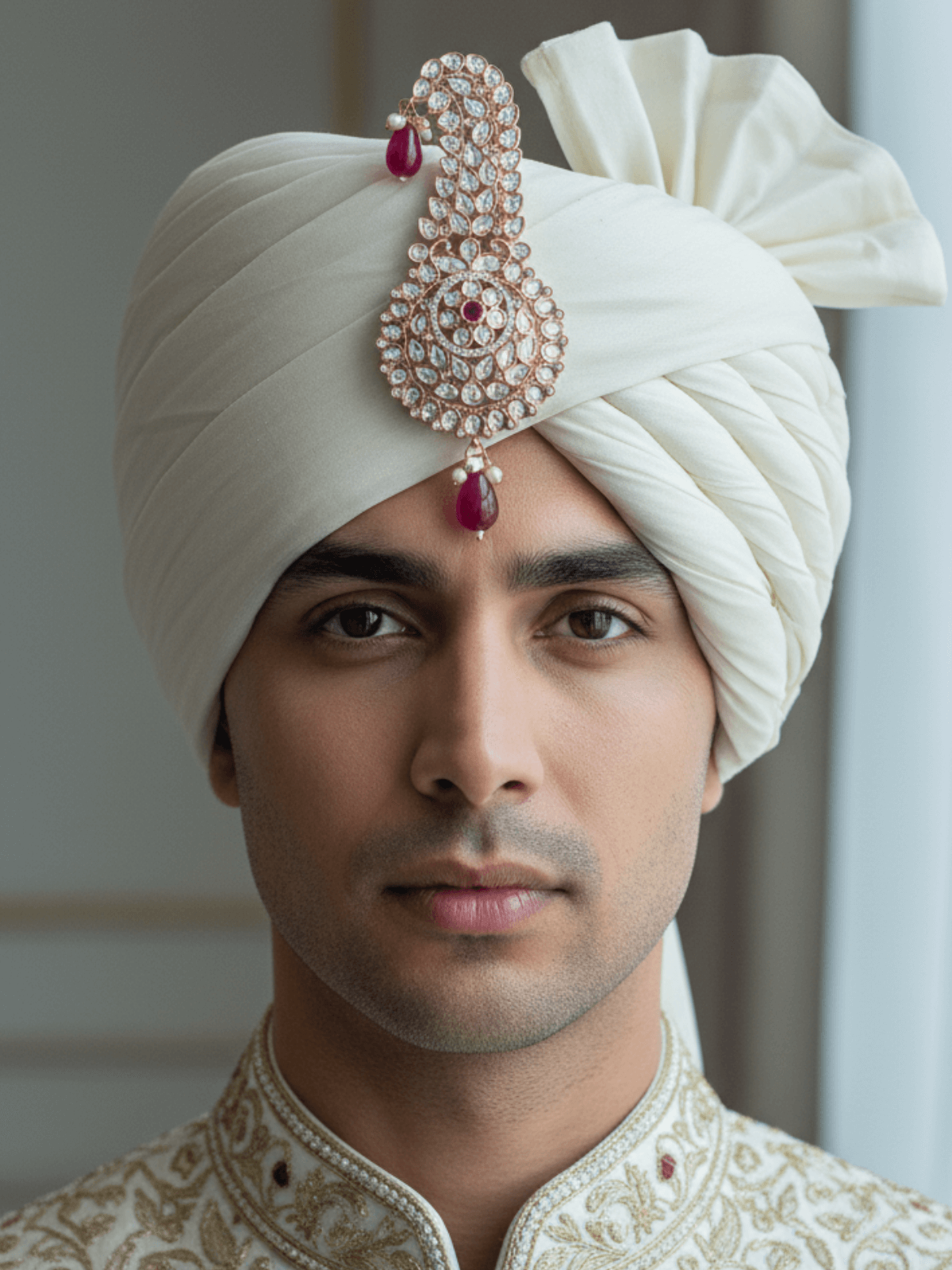 Ruby Pink Royal Kundan Polki Kalangi for Groom | Traditional Wedding Safa Brooch