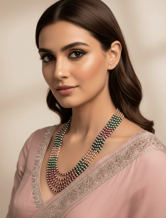 Semi Precious Jade Beads And Natural Pearls Multicolor Beaded Necklace – Unisex Gemstone Jewelry for Saree 