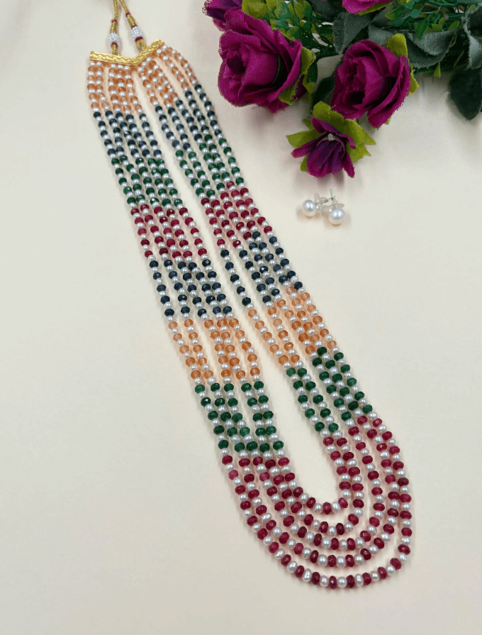 Semi Precious Jade Beads And Natural Pearls Multicolor Beaded Necklace – Unisex Gemstone Jewelry for Saree & Sherwani