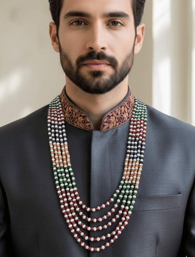 Semi Precious Jade Beads And Natural Pearls Multicolor Beaded Necklace – Unisex Gemstone Jewelry for Sherwani Wear