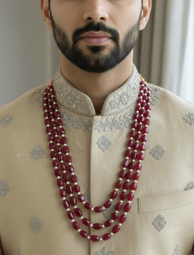 Semi Precious Red Jade & Real Pearls Beaded Necklace - Unisex Wedding and Festive Wear Jewelry for Men 