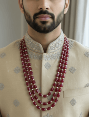 Semi Precious Red Jade & Real Pearls Beaded Necklace - Unisex Wedding and Festive Wear Jewelry for Men 