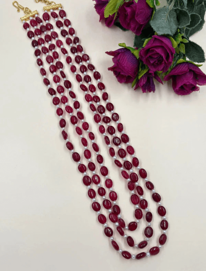 Semi Precious Red Jade & Real Pearls Beaded Necklace - Unisex Wedding and Festive Wear Jewelry for Saree and Sherwani