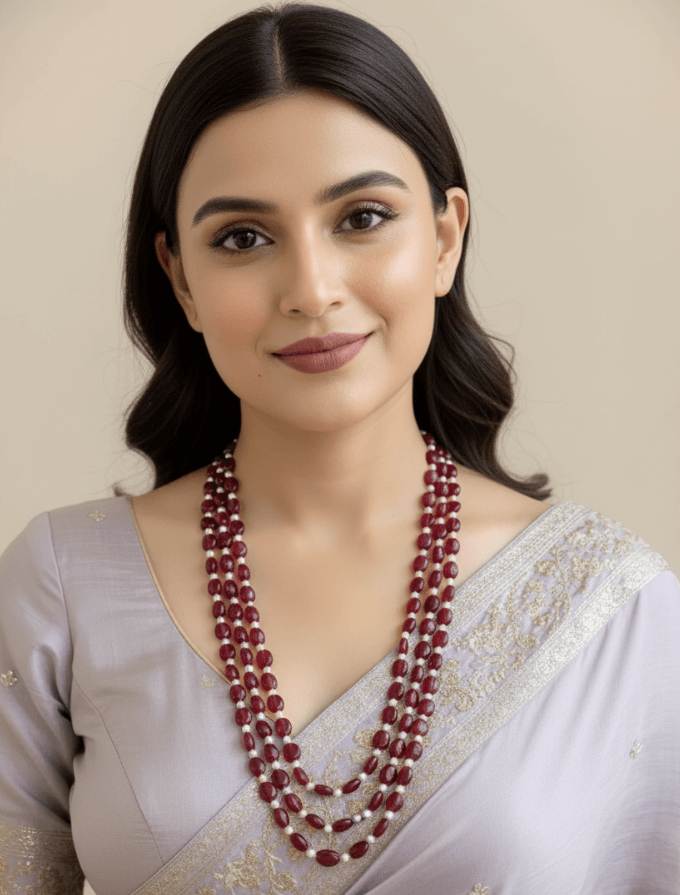 Semi Precious Red Jade & Real Pearls Beaded Necklace - Unisex Wedding and Festive Wear Jewelry for Women 